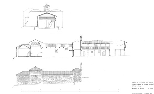 Alzado y sección de la ermita de Ntra. Sra. de Castro en Clunia (Huerta del Rey, Burgos)