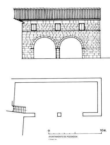 Planta y alzado del ayuntamiento de Pozondón (Teruel)