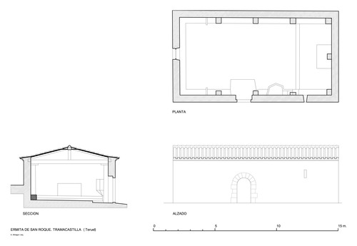 Planta, alzado y sección de la ermita de San Roque de Tramacastilla