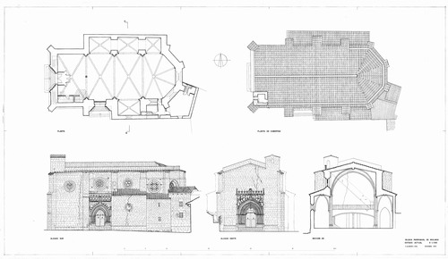 Plantas, alzados y sección de la iglesia parroquial de Molinos (Teruel) - Estado inicial