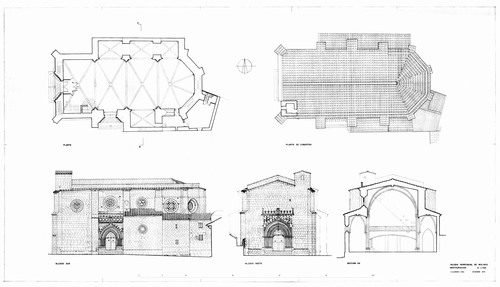Plantas, alzados y sección de la iglesia parroquial de Molinos (Teruel) - Restauración