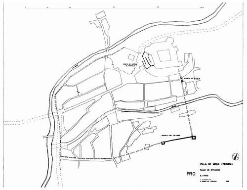 Plano de Mora de Rubielos (Teruel) con la situación del castillo y la muralla del Calvario