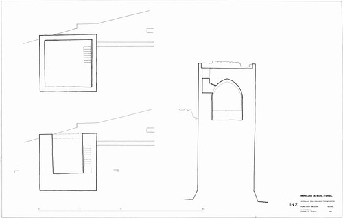 Planta y secciones de la torre oeste de la muralla del Calvario de Mora de Rubielos (Teruel) - Estado inicial