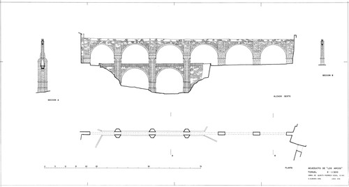 Planta, secciones y alzado del tramo final del acueducto de los Arcos de Teruel