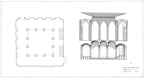 Planta y sección del proyecto de mausoleo de los Amantes en el claustro de la iglesia de San Pedro de Teruel