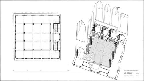 Planta y sección del proyecto de mausoleo de los Amantes en el claustro de la iglesia de San Pedro de Teruel