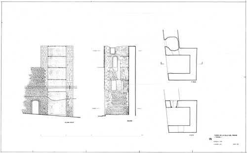 Plantas, alzado y sección de la torre de la calle del Rincón de Teruel. Estado inicial