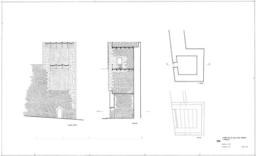 Plantas, alzado y sección de la torre de la calle del Rincón de Teruel. Estado restaurado