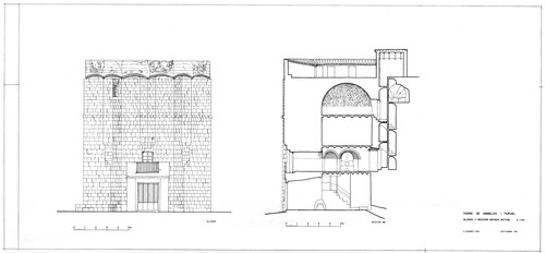 Alzado y sección de la torre de Ambeles de Teruel. Estado inicial