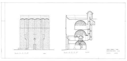 Alzado y sección de la torre de Ambeles de Teruel. Estado restaurado