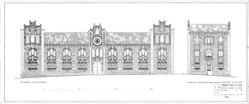 Alzado principal y lateral derecho de las Escuelas del Arrabal de Teruel