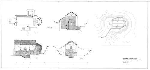 Planta, sección y alzados de la iglesia de San Adrian de Sásave en Borau (Huesca)