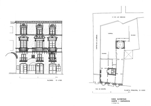 Planta y alzado de la casa Barberán en Caspe (Zaragoza)