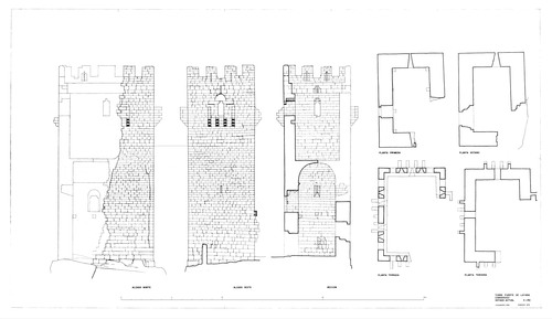 Plantas, secciones y alzados de la torre fuerte de Layana (Zaragoza), estado inicial