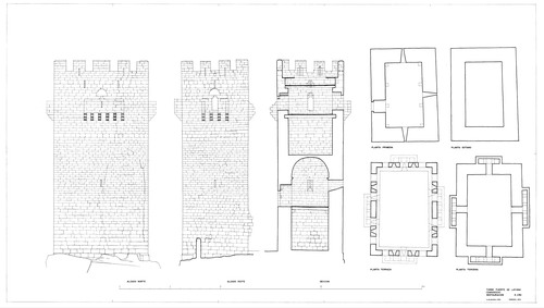 Plantas, secciones y alzados de la torre fuerte de Layana (Zaragoza), estado restaurado