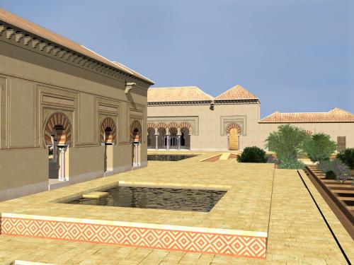 Madinat al-Zahra (Córdoba) - Vista lateral del pabellón central del jardín alto y el Maylis al-Sarqi