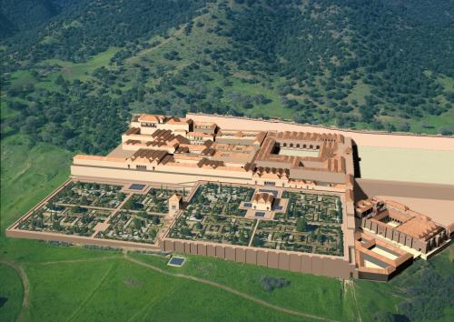 Madinat al-Zahra (Córdoba) - Vista aérea general del alcázar con los jardines