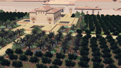 Madinat al-Zahra (Córdoba) - Vista aérea del jardín alto con el pabellón central