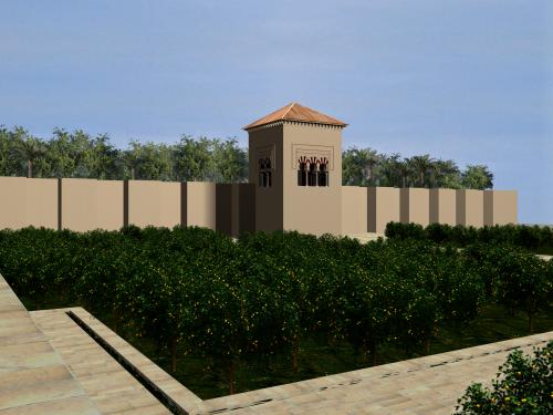 Madinat al-Zahra (Córdoba) - Vista del jardín bajo con la qubba mirador