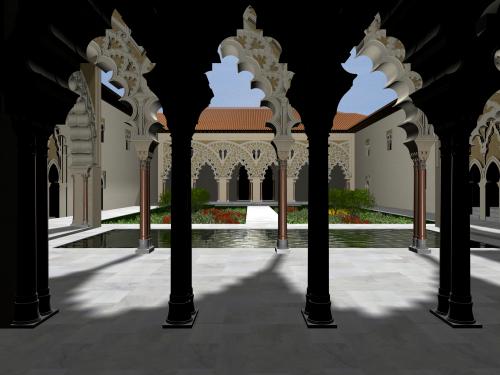 La Aljafería (Zaragoza) - Vista del patio y del pórtico meridional desde el salón Dorado