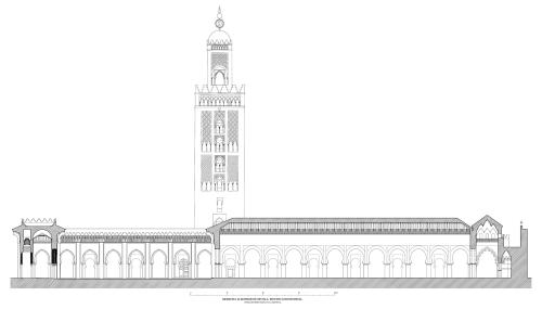Mezquita aljama almohade de Sevilla - Sección longitudinal axial hipótesis