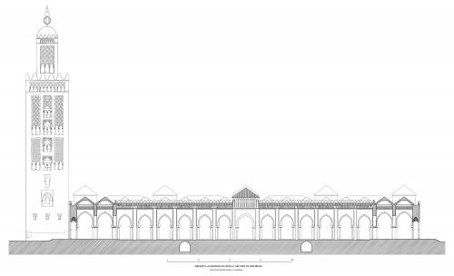 Mezquita aljama almohade de Sevilla - Sección tranversal por patio hipótesis