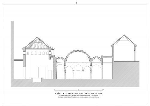 Baño de Hernando de Zafra (Granada) - Sección sala templada E-O hacia N hipótesis