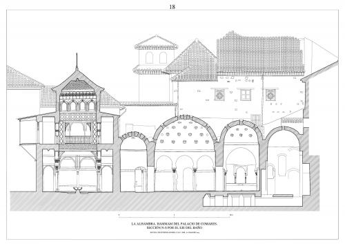 Hammam del palacio de Comares (Granada) - Sección N-S por eje del baño