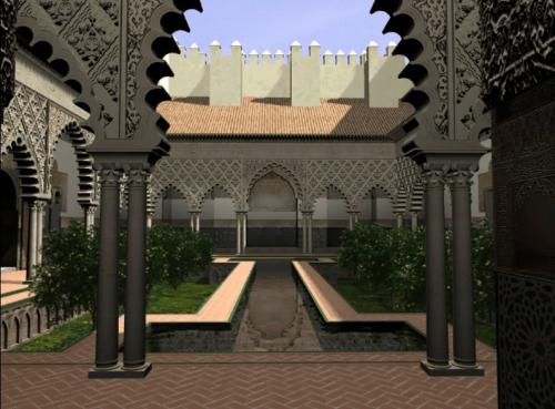 Alcázar cristiano (Sevilla) - Patio del palacio de Pedro I desde  el oeste
