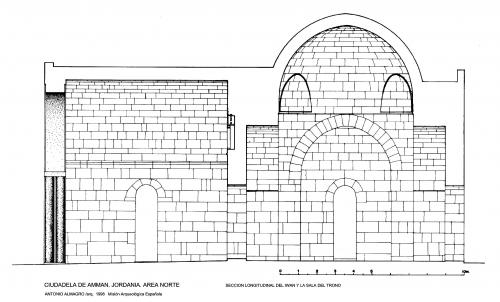 Ciudadela de Amman (Jordania) - Sección longit. iwan Norte y sala del trono