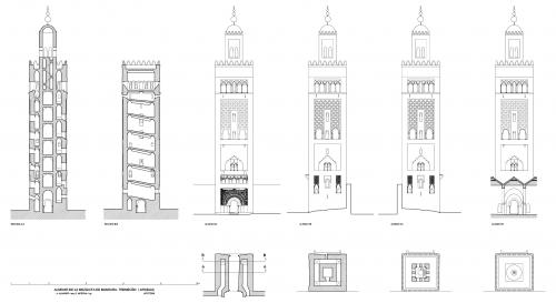 Mezquita de Mansura (Tremecén, Argelia) - Plantas, alzados y secciones hipotéticas alminar