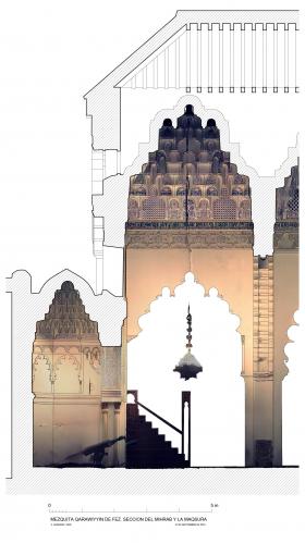 Mezquita Qarawiyyin (Fez, Marruecos) - Sección Longitudinal mihrab con Orto