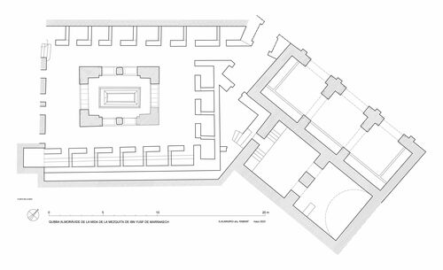 Mida de la mezquita de Ibn Yusuf (Marrakech, Marruecos) - Planta de la mida, aljibe y fuente