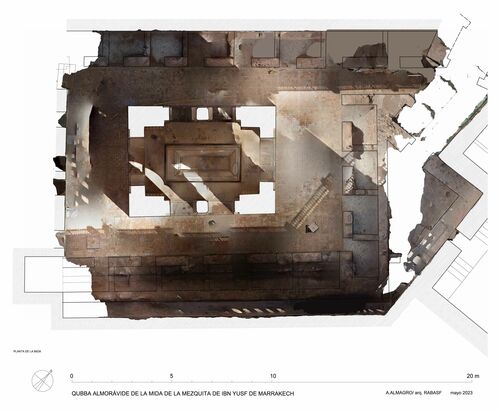 Mida de la mezquita de Ibn Yusuf (Marrakech, Marruecos) - Planta de la mida con ortoimagen del suelo