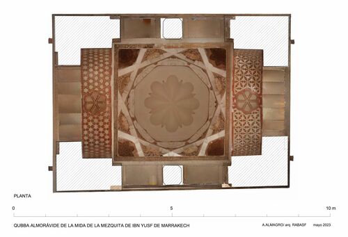 Mida de la mezquita de Ibn Yusuf (Marrakech, Marruecos) - Planta de la qubba almorávide con ortoimagen del techo