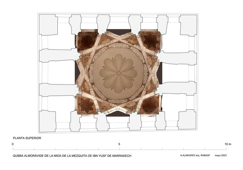 Mida de la mezquita de Ibn Yusuf (Marrakech, Marruecos) - Planta del cuerpo alto de la qubba almorávide con ortoimagen del techo
