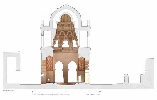 Mida de la mezquita de Ibn Yusuf (Marrakech, Marruecos) - Sección longitudinal de la qubba almorávide con ortoimagen