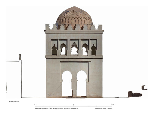 Mida de la mezquita de Ibn Yusuf (Marrakech, Marruecos) - Alzado sureste de la qubba almorávide con ortoimagen
