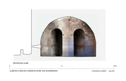 Mida de la mezquita de Ibn Yusuf (Marrakech, Marruecos) - Sección del aljibe con ortoimagen