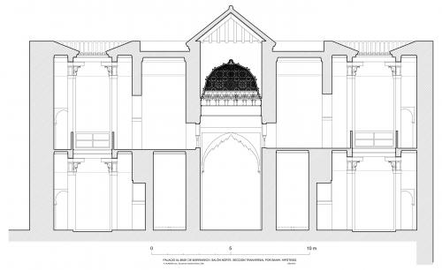 Palacio al-Badi (Marrakech, Marruecos) - Sección por bahw y patios salón norte hipot.