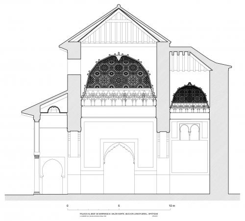 Palacio al-Badi (Marrakech, Marruecos) - Sección longitudinal salón norte hipot.