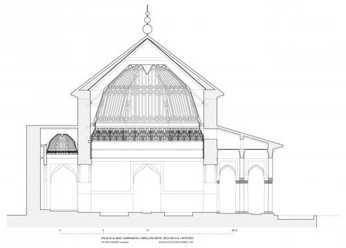 Palacio al-Badi (Marrakech, Marruecos) - Sección longitudinal qubba oeste hipótesis