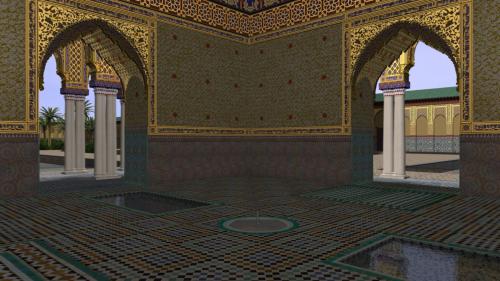 Qasr al-Badi' (Marrakech, Marruecos) - Interior de la qubba occidental con los arcos sur y este, la fuente y las albercas