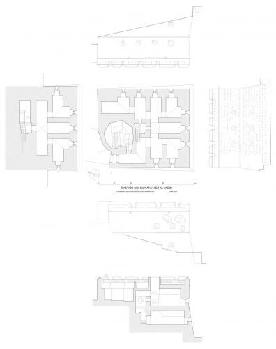 Bury Sidi Bu Nafa' (Fez al-Yadid, Marruecos) - Planta, alzados y sección