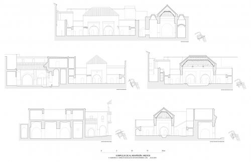 Complejo al-Muwassin (Marrakech, Marruecos) - Planta y secciones fuente y mida'