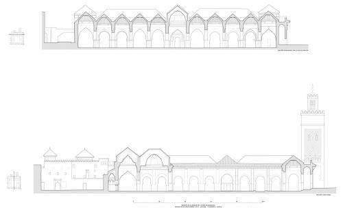 Mezquita de la Qasba (Marrakech, Marruecos) - Sección longitudinal y tranversal por sala de oración