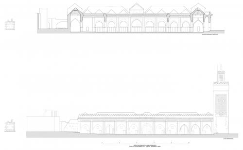 Mezquita de la Qasba (Marrakech, Marruecos) - Sección longitudinal y  alzado norte