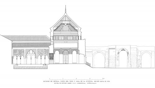 Alcázar de Sevilla - Sección hacia sur patio del Yeso y sala Justicia