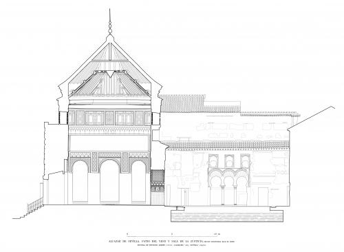 Alcázar de Sevilla - Sección hacia norte patio del Yeso y sala Justicia