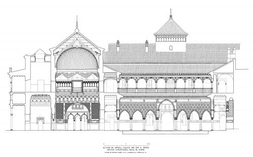 Alcázar de Sevilla - Sección longitudinal hacia norte palacio Pedro I